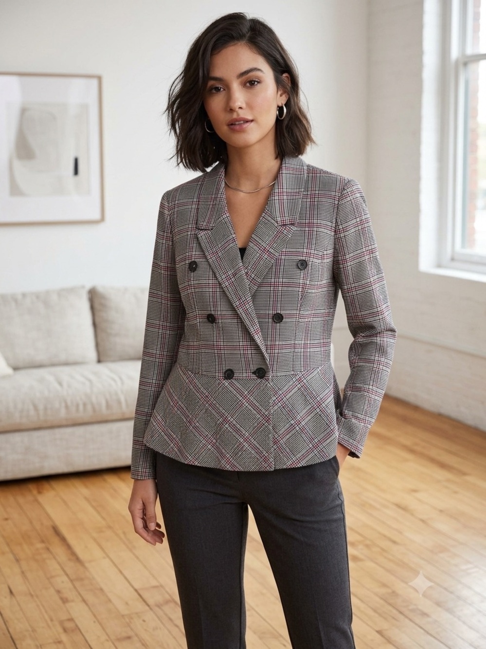 CATO Plaid Double-Breasted Peplum Blazer Jacket - Grey & Pink Size LP